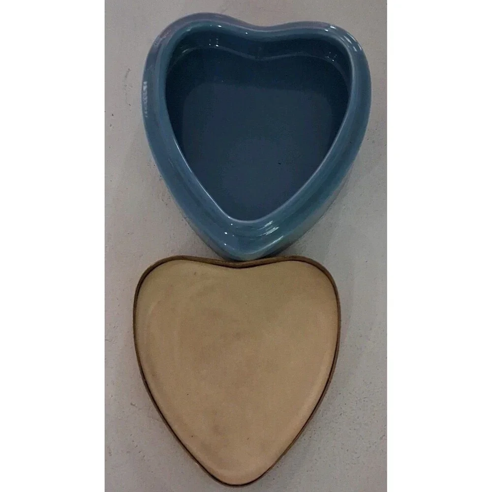 Vintage Count On Me Blue Heart Trinket Box Floral Needlepoint Lid Ceramic MadeUK